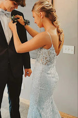 V Neck Mermaid Light Blue Lace Long Prom Dress with Train, Light Blue Lace Formal Dress, Light Blue Evening Dress A2371