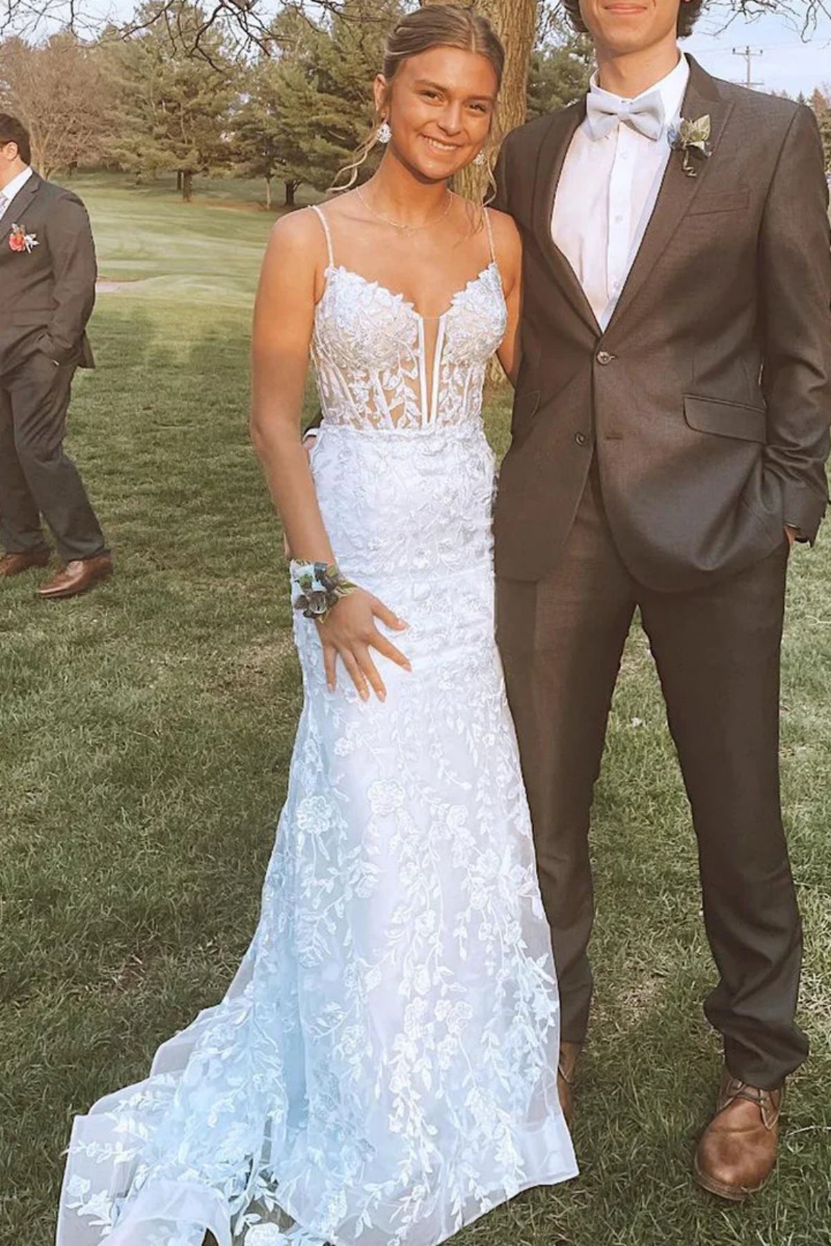 V Neck Mermaid Light Blue Lace Long Prom Dress with Train, Light Blue Lace Formal Dress, Light Blue Evening Dress A2371