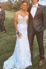 V Neck Mermaid Light Blue Lace Long Prom Dress with Train, Light Blue Lace Formal Dress, Light Blue Evening Dress A2371
