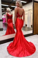 V Neck Mermaid Red Lace Long Prom Dress, Mermaid Red Formal Dress, Red Lace Evening Dress A2267