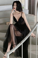 V Neck Open Back Black Tea Length Prom Dress, Black Tulle Homecoming Dress, Black Formal Evening Dress A1676