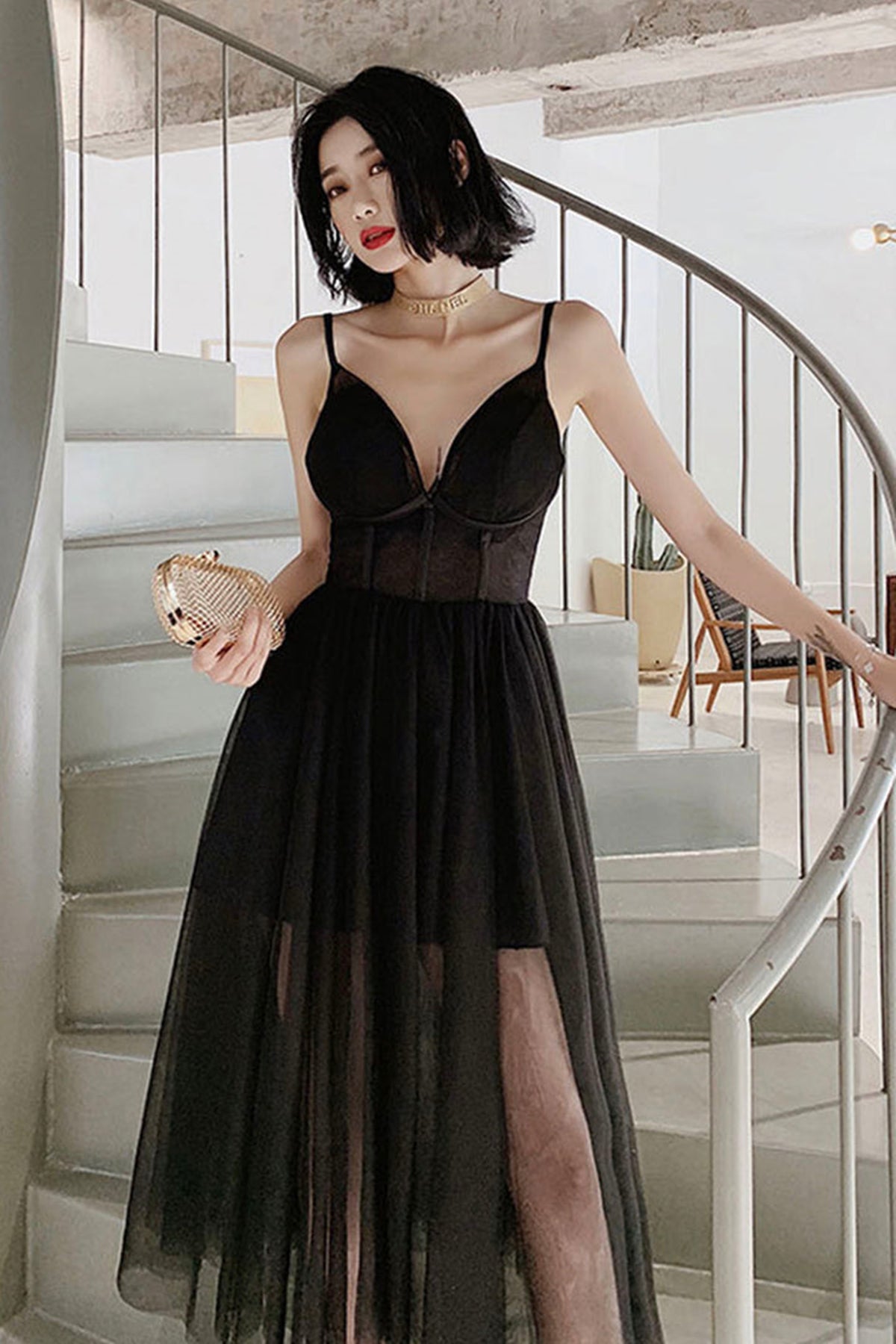 V Neck Open Back Black Tea Length Prom Dress, Black Tulle Homecoming Dress, Black Formal Evening Dress A1676