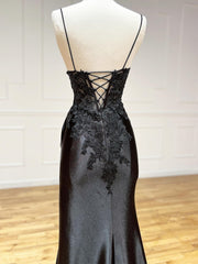 V Neck Open Back Mermaid Black Lace Long Prom Dress, Mermaid Black Lace Formal Dresses
