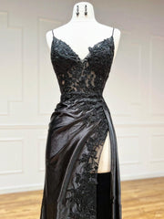 V Neck Open Back Mermaid Black Lace Long Prom Dress, Mermaid Black Lace Formal Dresses