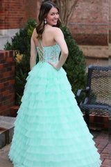 V Neck Open Back Mint Green Lace Ruffle Tiered Long Prom Dress, Mint Green Lace Formal Evening Dresses, Green Ball Gown A2030
