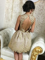 V Neck Open Back Short Champagne Lace Prom Dresses, Short Champagne Lace Graduation Homecoming Dresses
