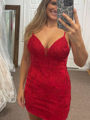 V Neck Open Back Short Red Navy Blue Lace Prom Dresses, Short Red Navy Blue Lace Graduation Homecoming Dresses