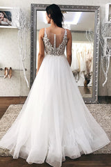V Neck Open Back White Lace Long Prom Dress, White Lace Wedding Dress, White Formal Evening Dress A1355