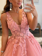 V Neck Pink Lace Long Prom Dresses, Pink V Neck Long Lace Formal Evening Dresses