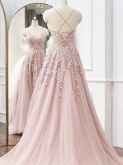 V Neck Pink Long Tulle Lace Prom Dresses, Pink V Neck Long Tulle Lace Formal Evening Dresses