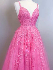 V Neck Pink Tulle Lace Prom Dresses, V Neck Hot Pink Tulle Lace Formal Evening Dresses