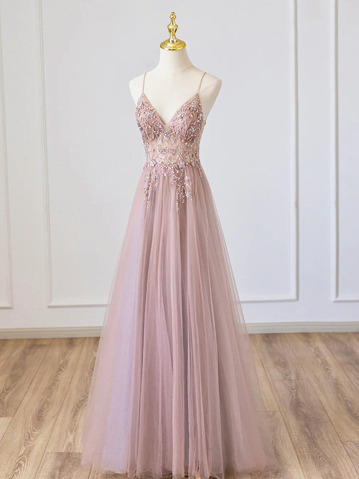 V Neck Pink Tulle Prom Dresses, Pink V Neck Tulle Formal Evening Dresses