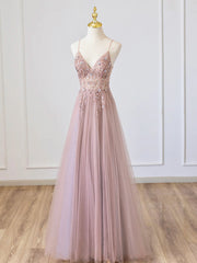 V Neck Pink Tulle Prom Dresses, Pink V Neck Tulle Formal Evening Dresses