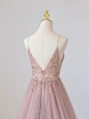 V Neck Pink Tulle Prom Dresses, Pink V Neck Tulle Formal Evening Dresses