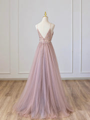 V Neck Pink Tulle Prom Dresses, Pink V Neck Tulle Formal Evening Dresses