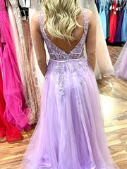 V Neck Purple Long Lace Prom Dresses, Purple Long Lace Formal Evening Dresses