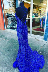 V Neck Royal Blue Evening Dresses UK Seqins Long Prom Dress Mermaid with Split