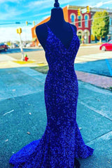 V Neck Royal Blue Evening Dresses UK Seqins Long Prom Dress Mermaid with Split