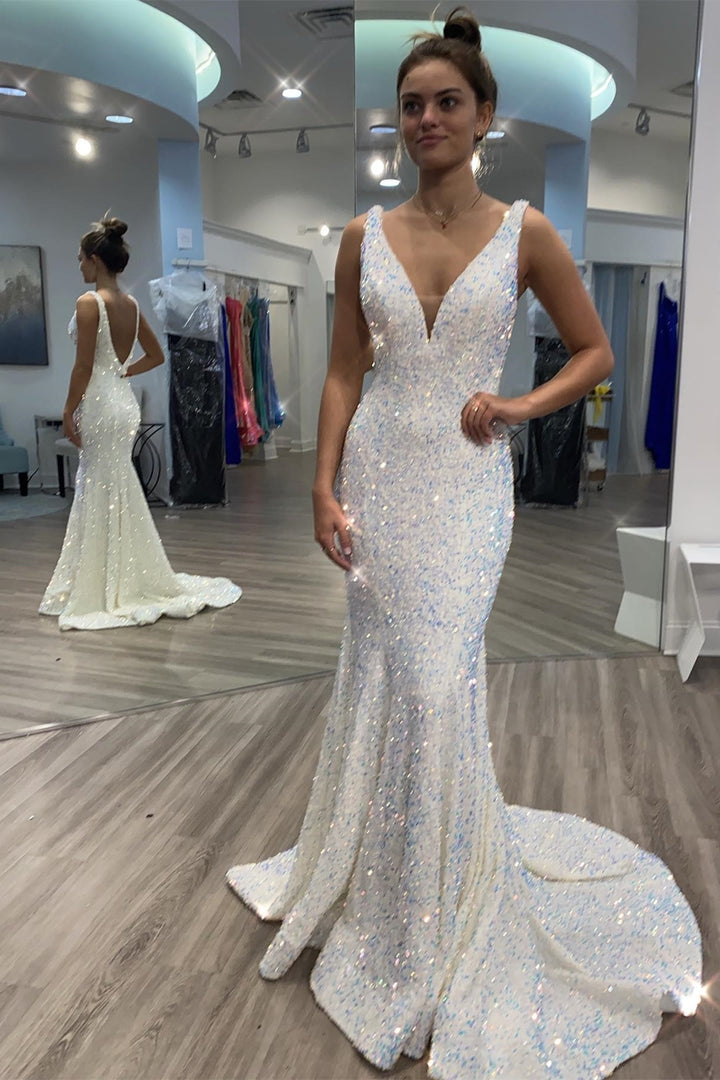 V Neck Sequin Prom Dresses White Mermaid Long Formal Dress