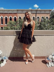 V Neck Short Black Prom Dresses, V Neck Black Short Formal Homecoming Dresses