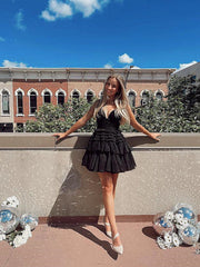 V Neck Short Black Prom Dresses, V Neck Black Short Formal Homecoming Dresses