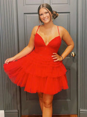 V Neck Short Black Red Prom Dresses, Short Red Black Formal Homecoming Dresses