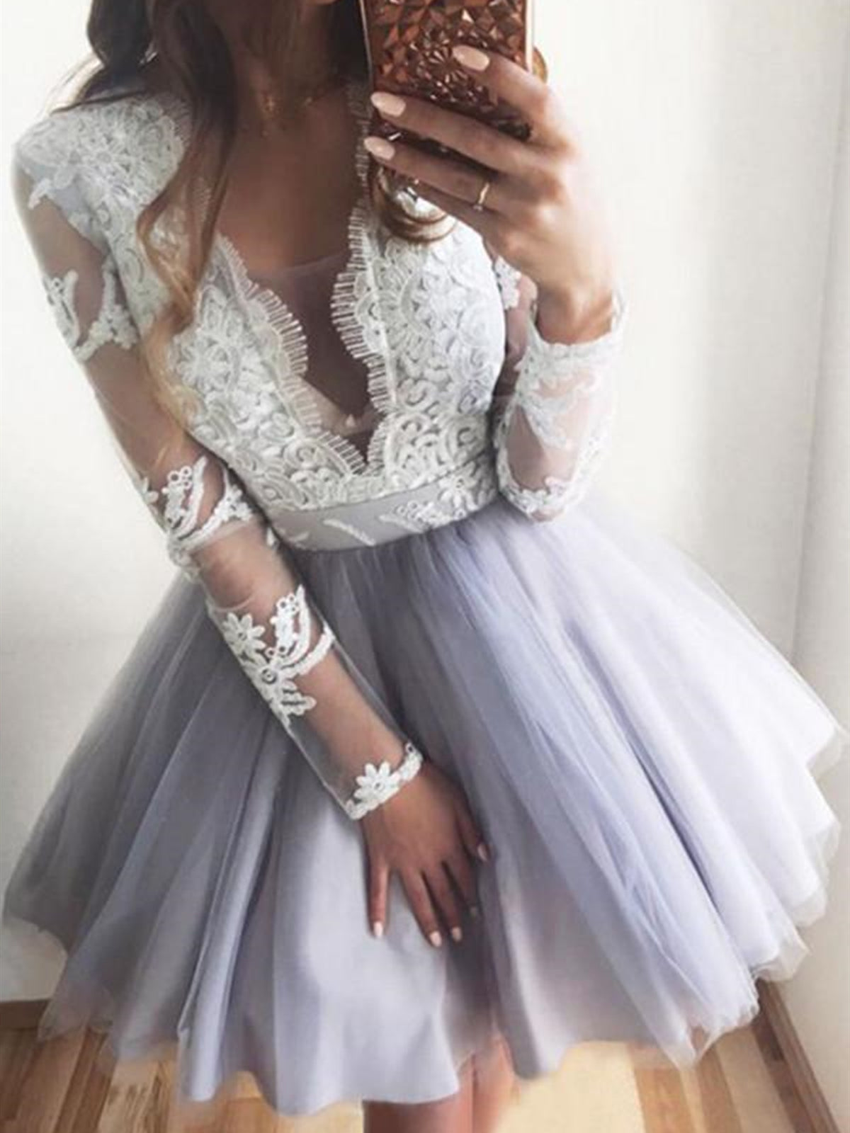 V Neck Short Gray Prom Dress with White Lace, Short Lace Formal Graduation Dresses