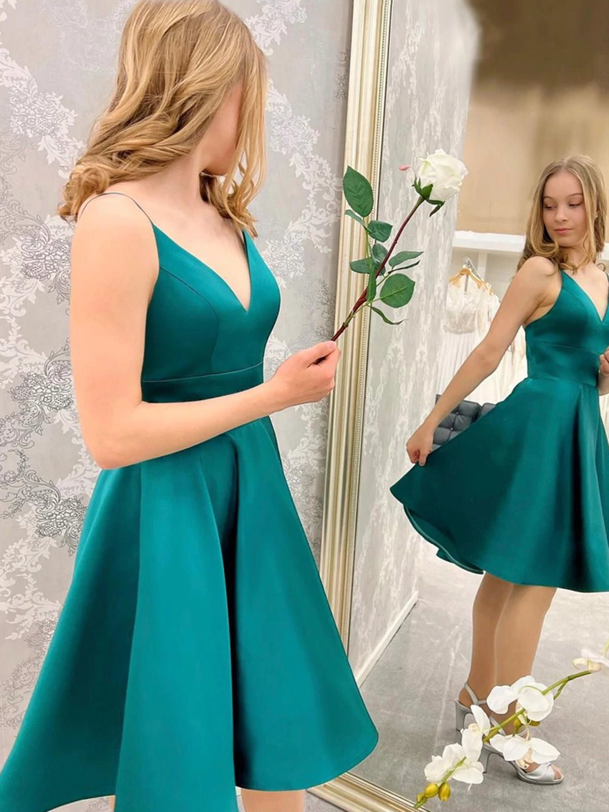 V Neck Short Green Prom Dresses, Short Green Formal Graduation Dresses