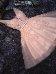 V Neck Short Pink Gray Lace Prom Dresses, Short Pink Gray Lace Formal Evening Dresses