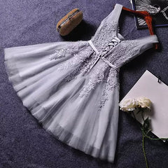 V Neck Short Pink Gray Lace Prom Dresses, Short Pink Gray Lace Formal Evening Dresses