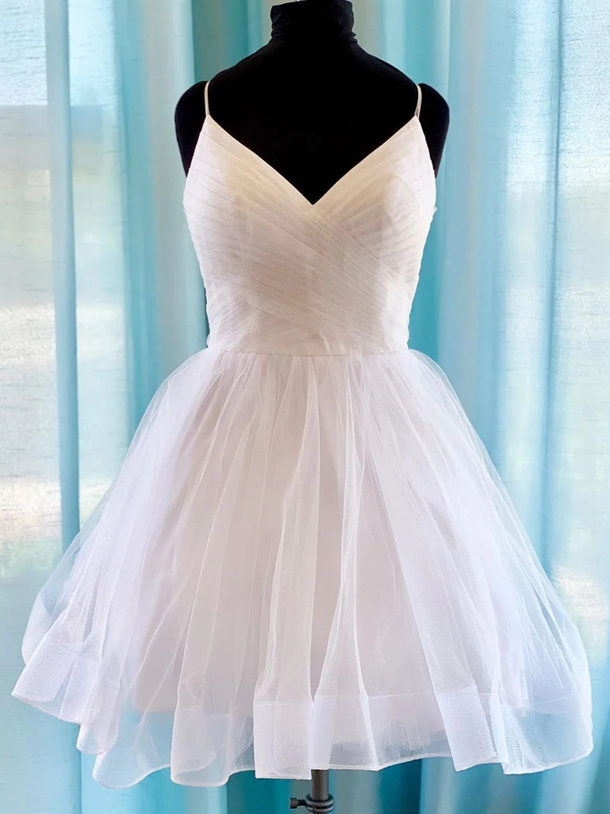 V Neck Short Tulle Prom Dresses, Short Blue White Tulle Formal Homecoming Dresses