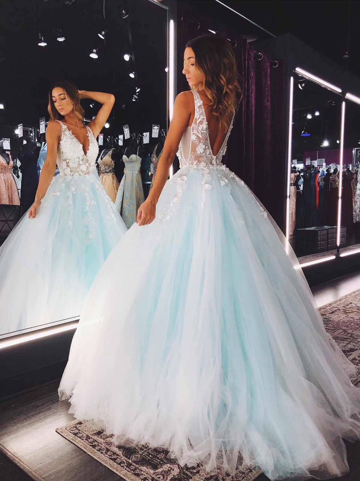 V Neck Teal Lace Floral Long Prom Dress, Teal Lace Floral Long Formal Evening Dresses
