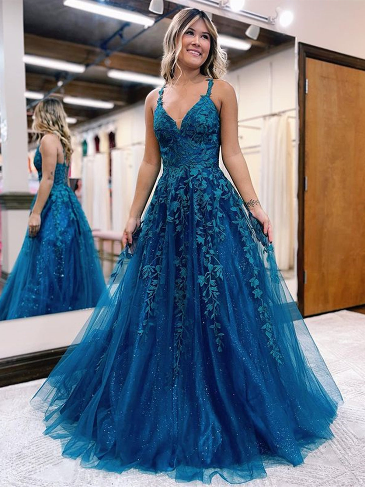 V Neck Teal Lace Long Prom Dresses, V Neck Teal Lace Formal Evening Dresses