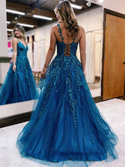V Neck Teal Lace Long Prom Dresses, V Neck Teal Lace Formal Evening Dresses