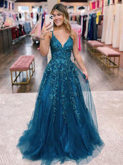 V Neck Teal Lace Long Prom Dresses, V Neck Teal Lace Formal Evening Dresses