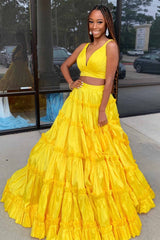 V Neck Two Pieces Yellow Long Prom Dress, 2 Piece Yellow Formal Dress, Yellow Evening Dress A2028