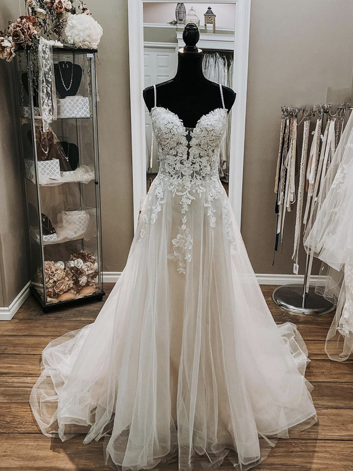 V Neck White Lace Wedding Dresses, V Neck White Lace Formal Prom Dresses