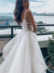 V Neck White Lace Wedding Dresses, White Lace Bridal Dresses Prom Dresses