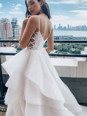 V Neck White Lace Wedding Dresses, White Lace Bridal Dresses Prom Dresses