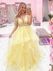 V Neck Yellow Lace Prom Dresses Long, Yellow Lace Long Formal Graduation Dresses