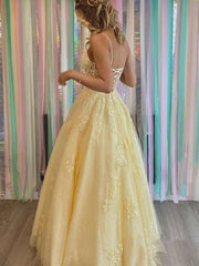 V Neck Yellow Long Lace Prom Dresses, Yellow Long Lace Formal Evening Dresses