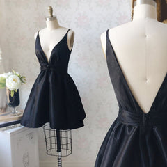V Neck and V Back Black Satin Short Prom Homecoming Dress, V Neck Black Formal Graduation Evening Dress, Black Cocktail Dress