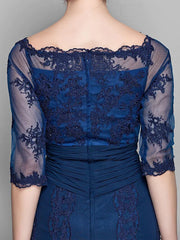 Mother of the Bride Dress Vintage Inspired Off Shoulder Knee Length Chiffon Tulle Half Sleeve with Ruched Appliques