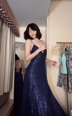 Navy Blue A Line Spaghetti Straps Sequin Formal Dresses Party Dress with Slit