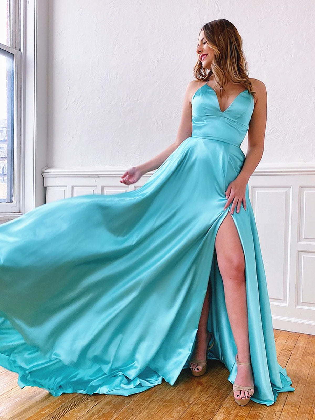 V Neck Aqua Backless Long Prom Dresses, Aqua Backless Long Formal Evening Graduation Dresses