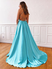 V Neck Aqua Backless Long Prom Dresses, Aqua Backless Long Formal Evening Graduation Dresses