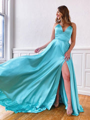 V Neck Aqua Backless Long Prom Dresses, Aqua Backless Long Formal Evening Graduation Dresses