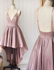 V Neck Backless Navy Blue/Pink High Low Prom Dresses, Backless High Low Formal Graduation Dresses