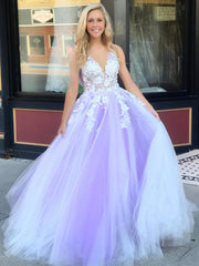V Neck Backless Purple Lace Floral Prom Dresses Long, Purple Lace Formal Graduation Evening Formal Dresses