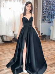 V Neck Black Satin Prom Dresses, Black Long Formal Evening Graduation Dresses